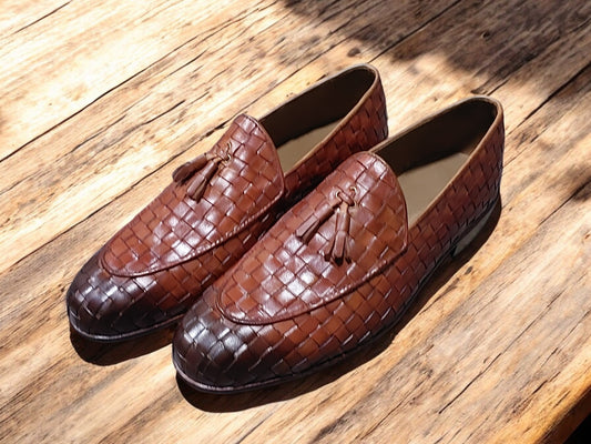 Handmade Men's Tan Brown Woven Chital Mat Leather Moccasin Loafer Dress Shoes Men Style