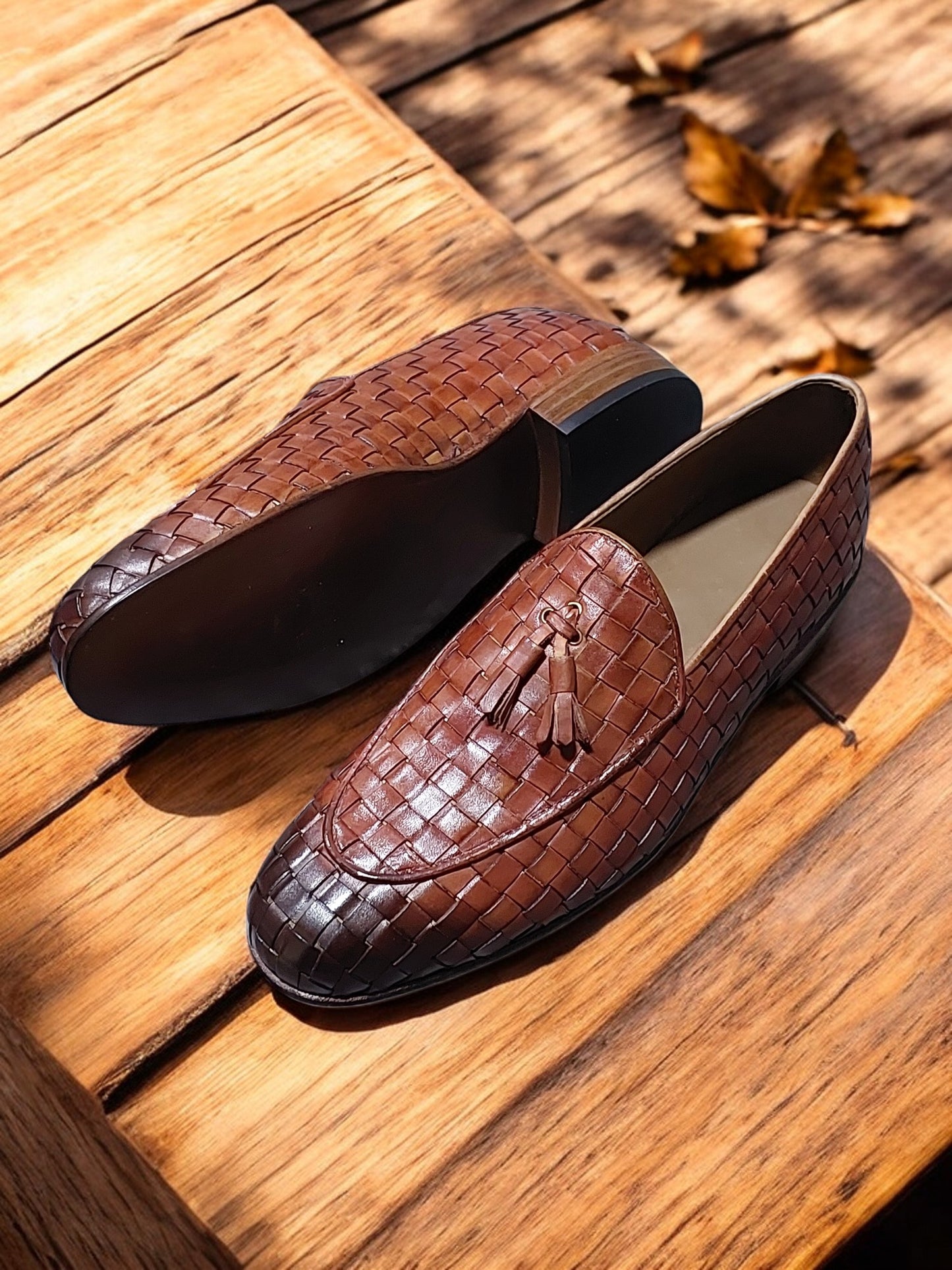 Handmade Men's Tan Brown Woven Chital Mat Leather Moccasin Loafer Dress Shoes Men Style