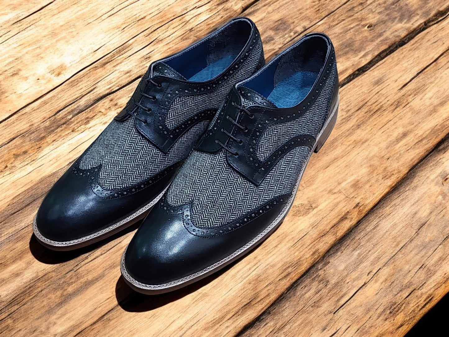 Handmade Men's Derby Lace Up Wedding Brogue and Herringbone Dress Shoes