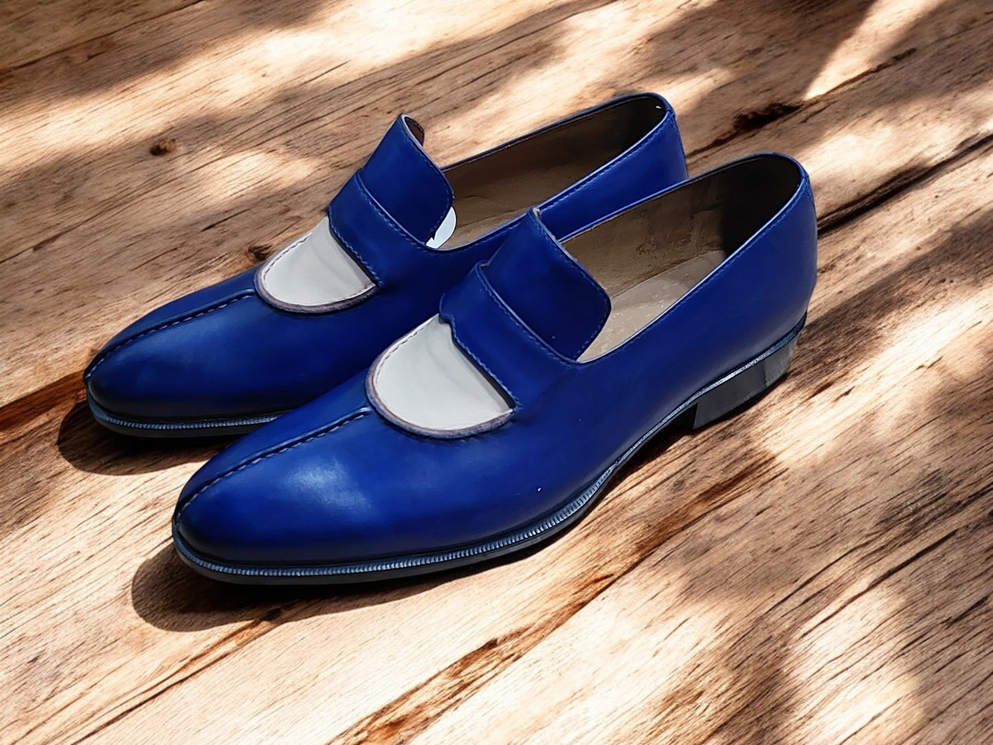 Men's Handmade Genuine Blue & Beige Leather Slip On Formal Dress Shoes