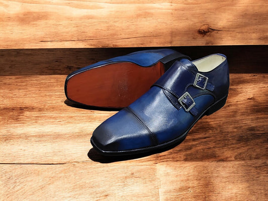 New Men's Handmade Buckle Shoes Blue shaded Leather Double Monk Stylish Brogue Toe Dress & Formal Wear Shoes