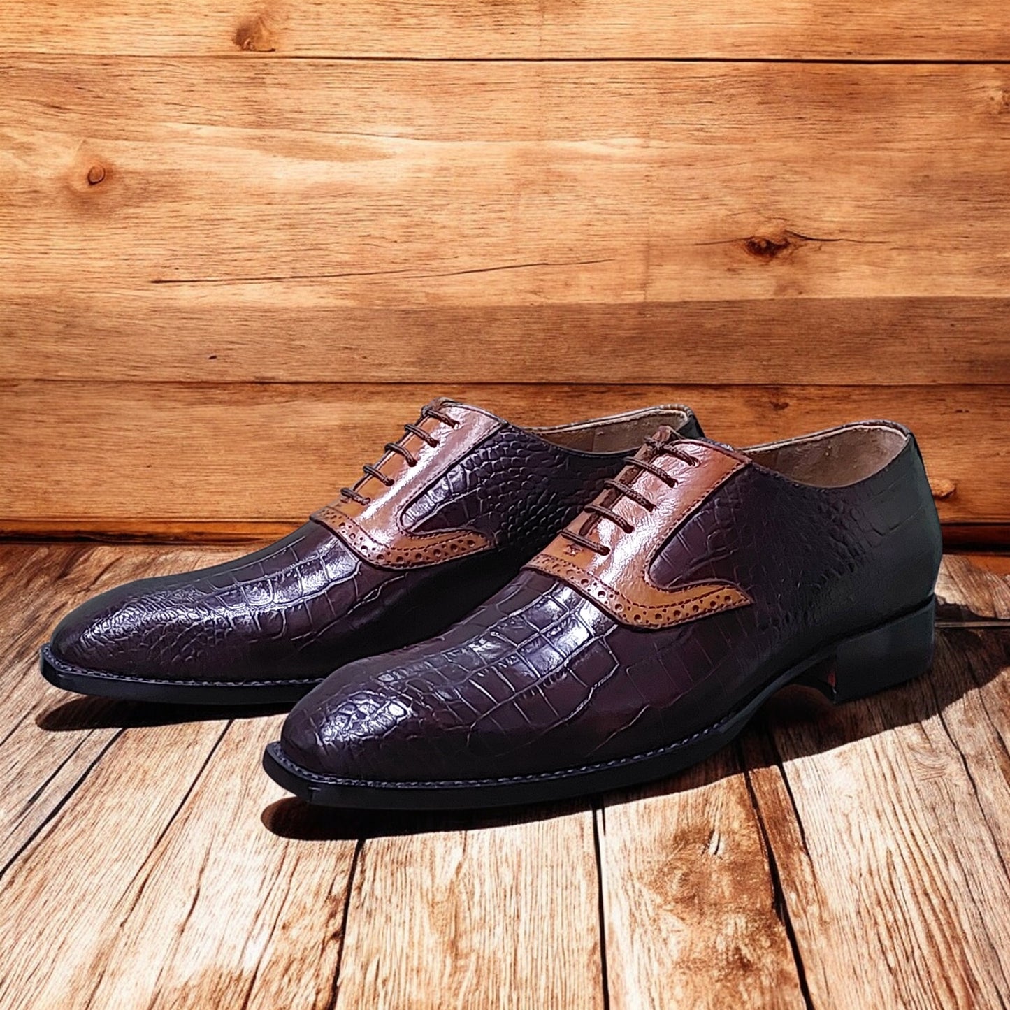 New Men's Handmade Formal Shoes Tan Brown Crocodile Textured Leather Lace Up Stylish Dress & Formal Wear Shoes