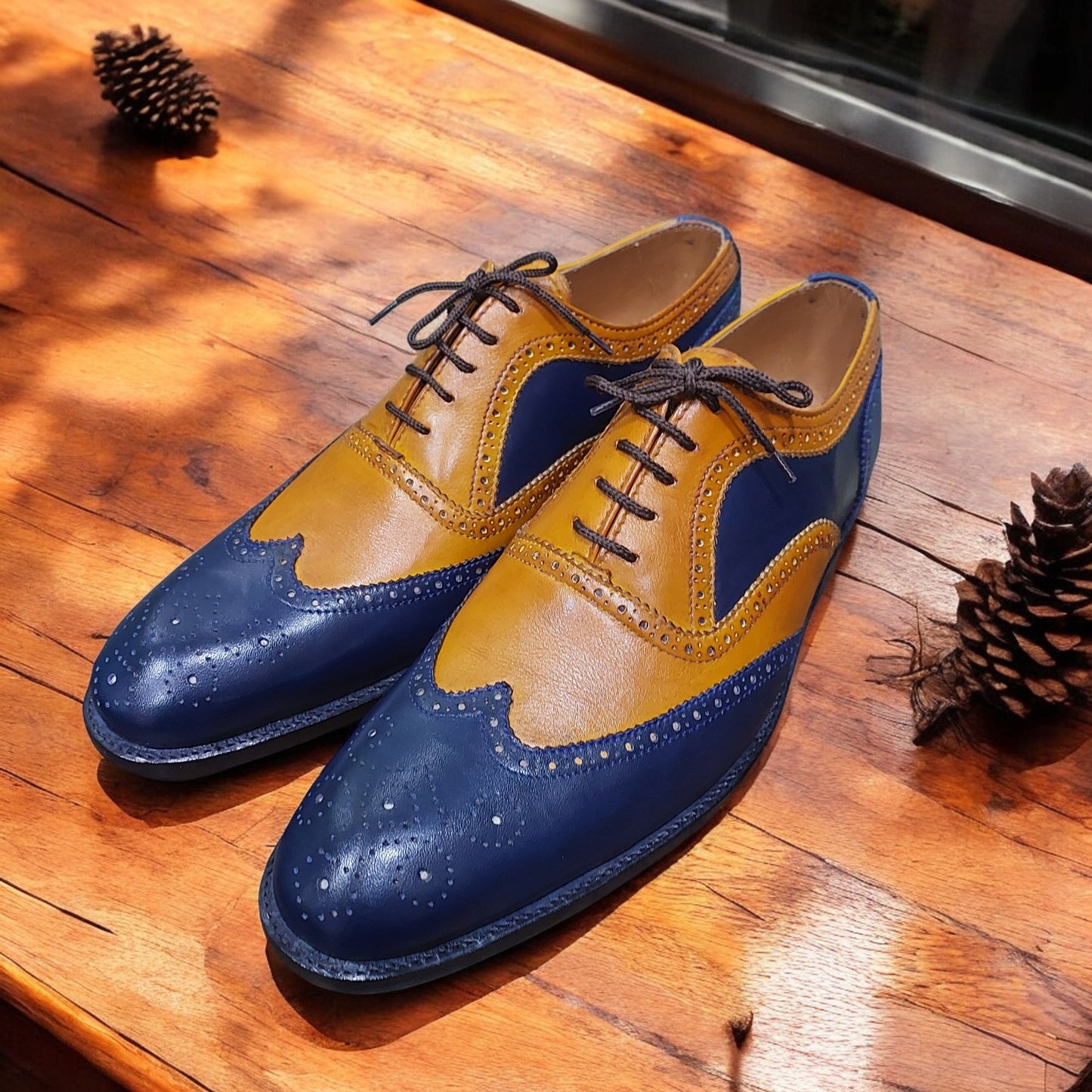 Mens New Formal Shoes Two-Tone Brown Leather & Blue Suede Oxford Brogue Wing Tip Handmade Boot