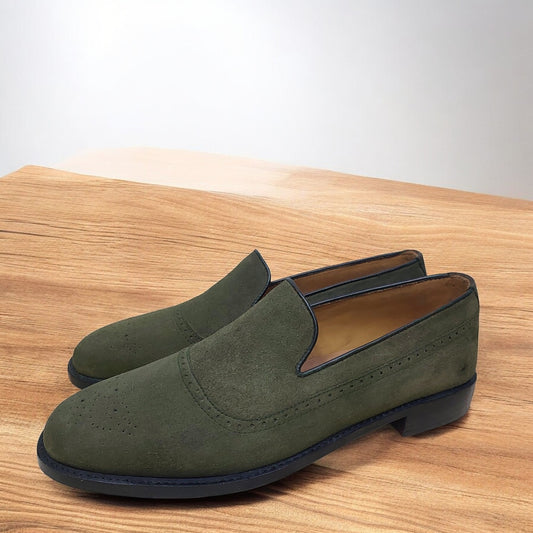 New Men's Handmade Formal Shoes Olive Green Suede Leather Slip On Stylish Loafer Dress & Moccasin Shoes