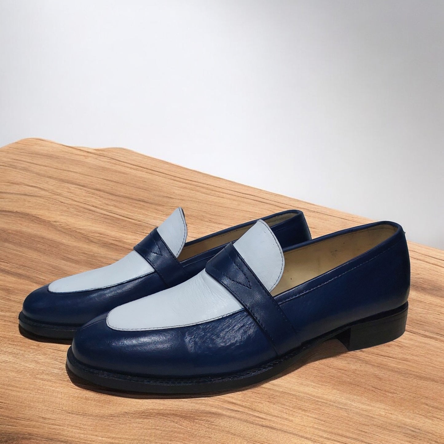 Men's New Custom Made Leather Shoes Blue & White Handmade Leather Slip On Loafer Dress & Formal Wear Shoes