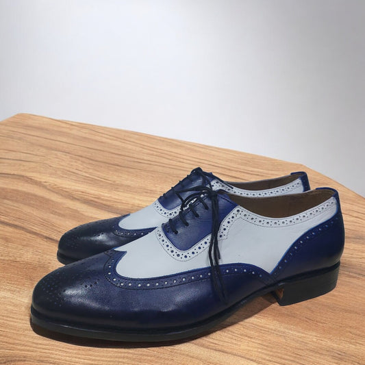 Handmade Leather Dress shoes for men with Double Tone white and blue Wingtip Lace up