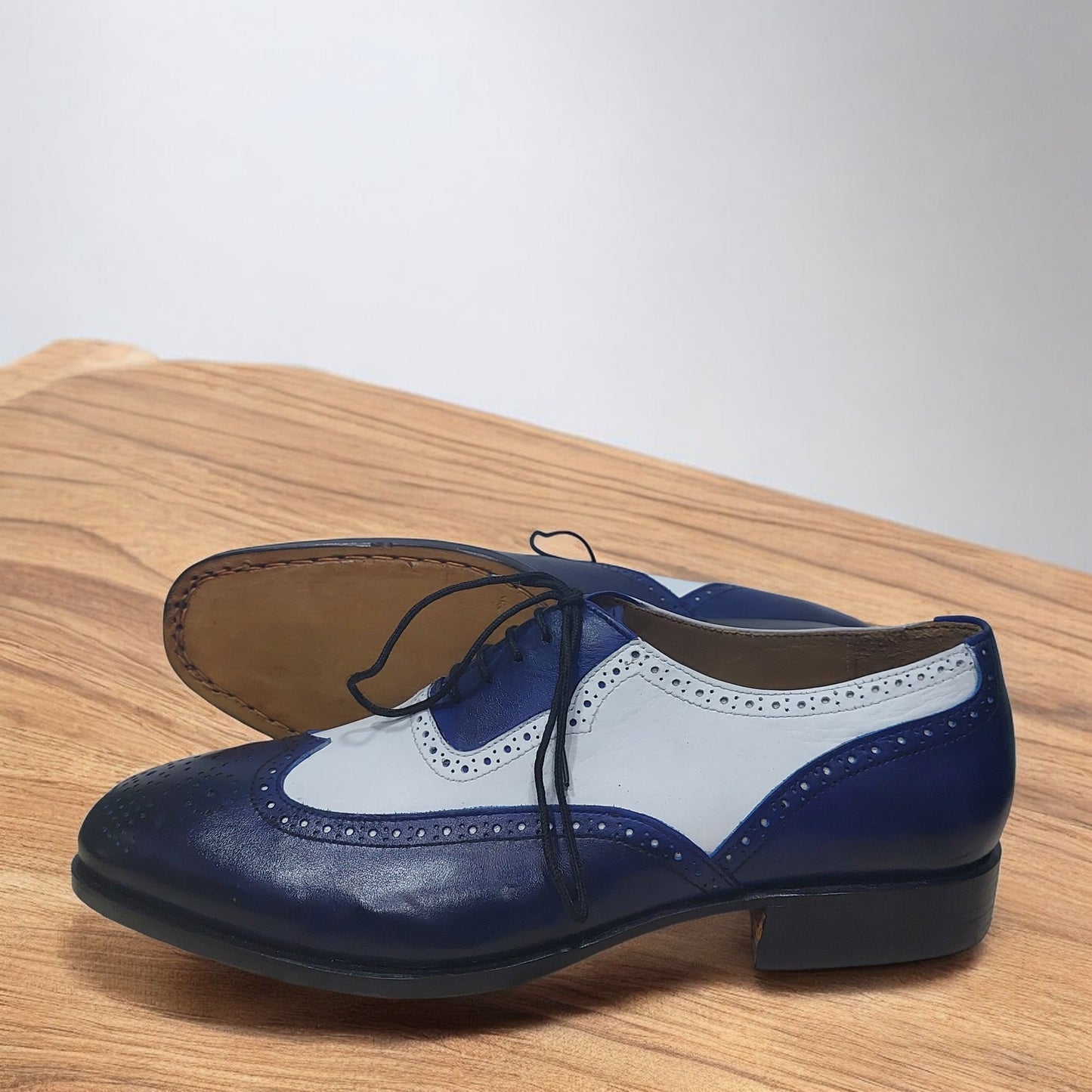 Handmade Leather Dress shoes for men with Double Tone white and blue Wingtip Lace up