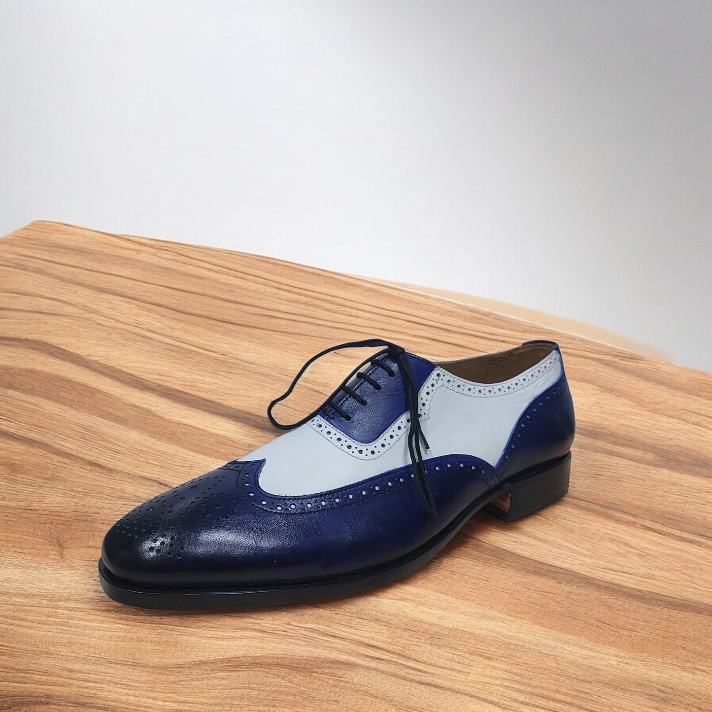 Handmade Leather Dress shoes for men with Double Tone white and blue Wingtip Lace up