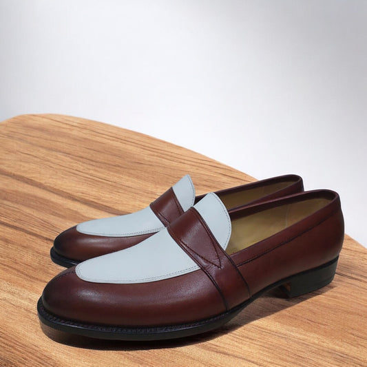 New Handmade Men's Brown & White Leather Loafer Slip On Genuine Leather Dress & Casual Wear Boots