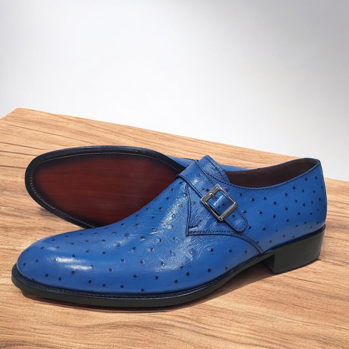 New handmade Men's Shoes Blue Ostrich Leather Single Monk Stylish Buckle Strap Shoes