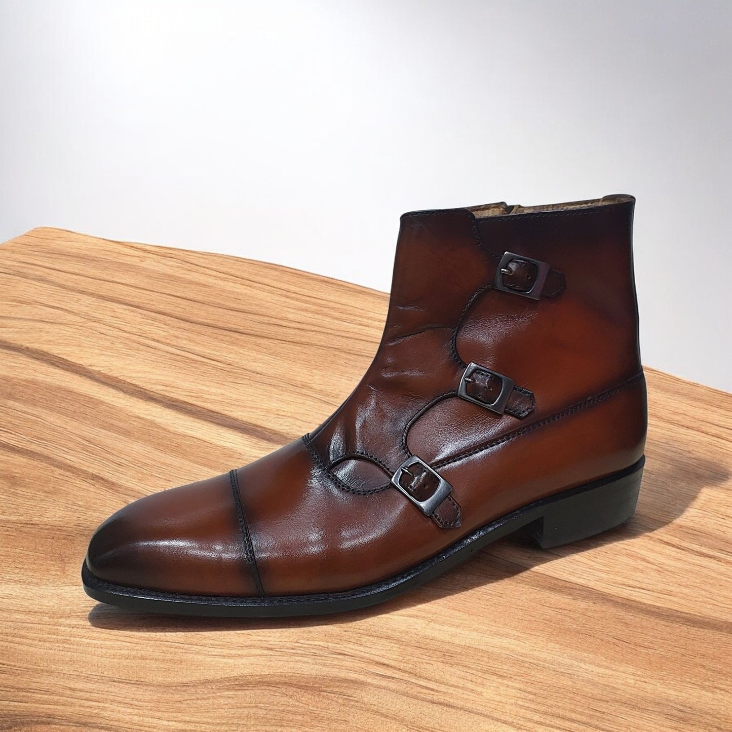 New Men's Handmade Formal Shoes Brown Leather Triple Monk Ankle High Designer Custom Boots