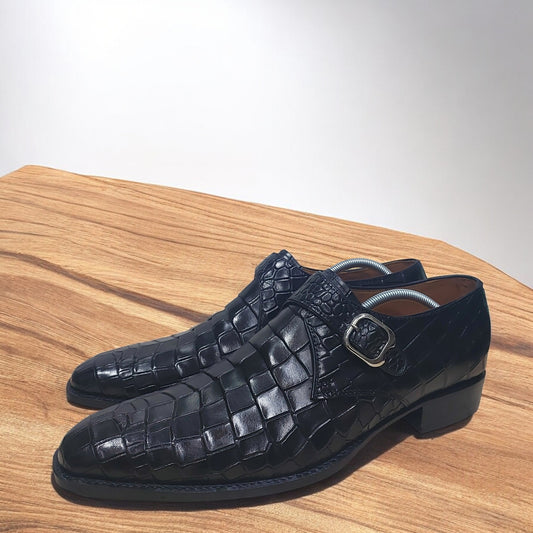 New Men's Handmade Buckle Shoes Black Crocodile Textured Leather Single Monk Stylish Dress & Formal Wear Shoes