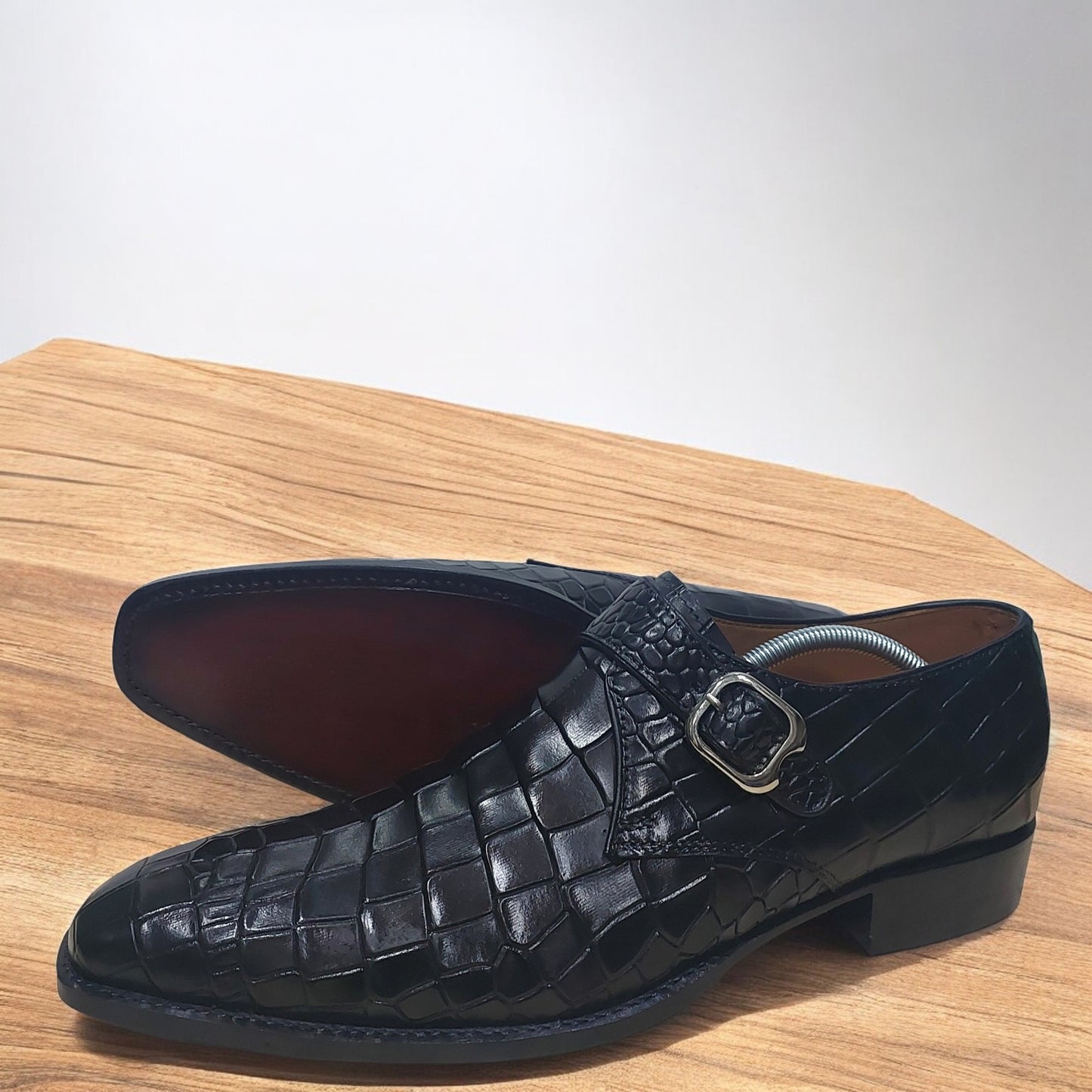 New Men's Handmade Buckle Shoes Black Crocodile Textured Leather Single Monk Stylish Dress & Formal Wear Shoes