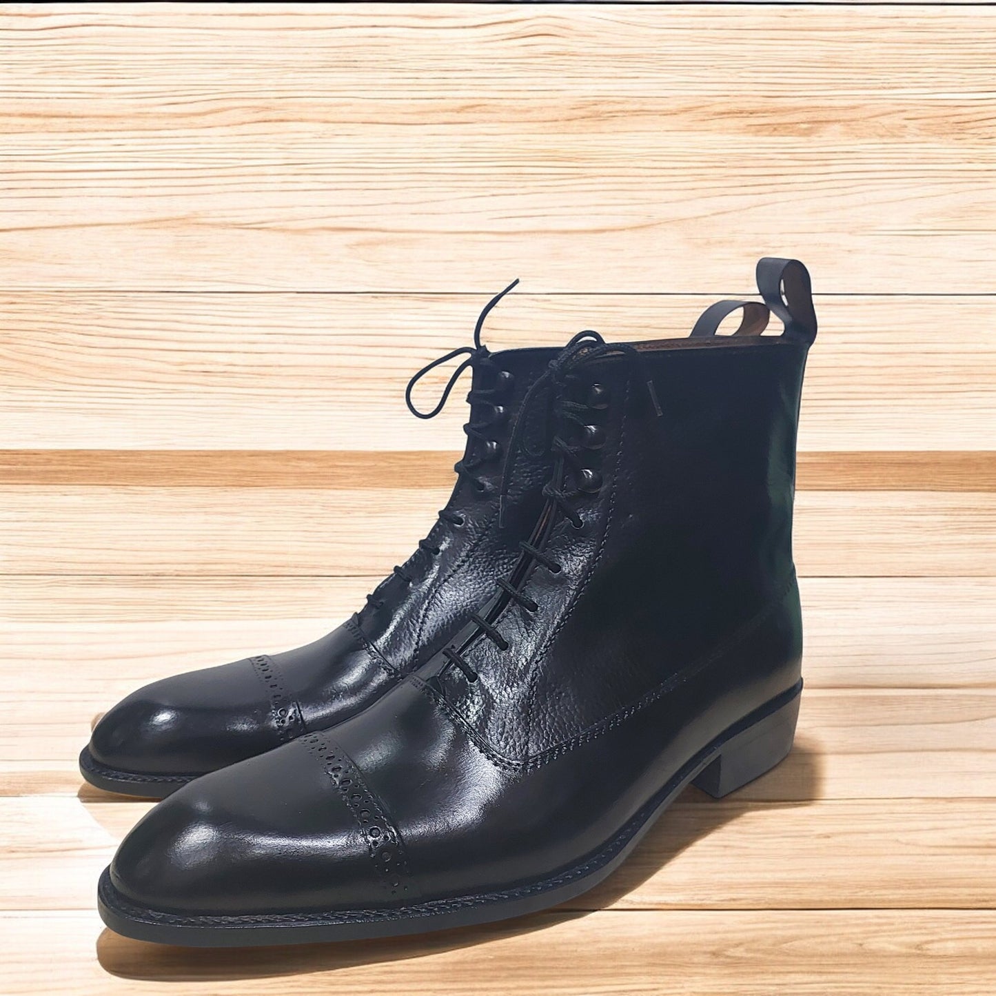 Handmade Men's Black Leather Ankle High Lace up Boots