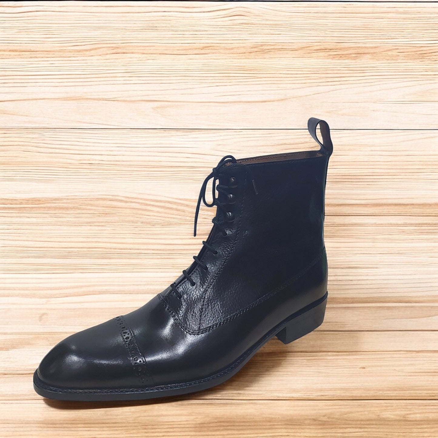 Handmade Men's Black Leather Ankle High Lace up Boots