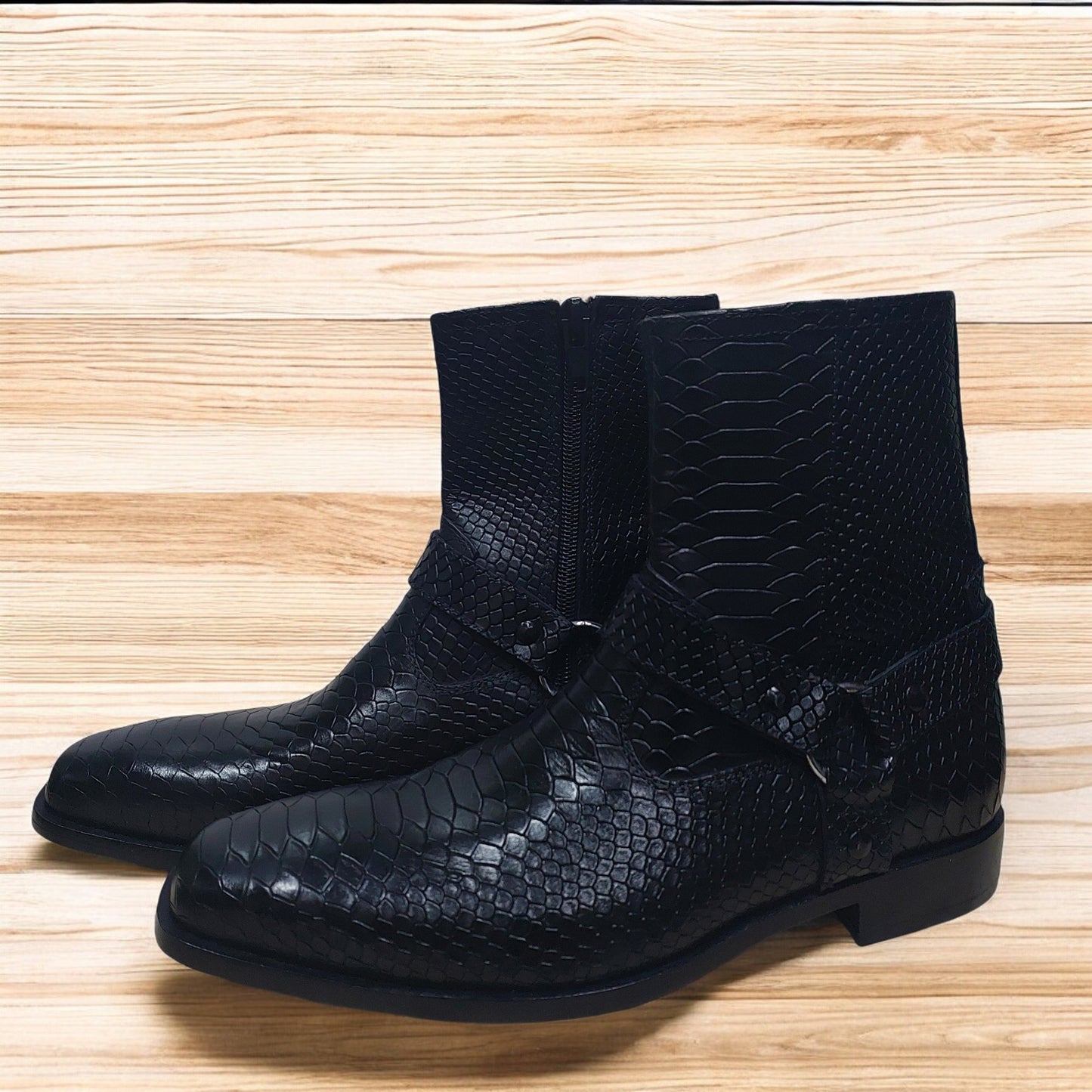 Handmade Ankle Black Leather Madrid Strap Boot