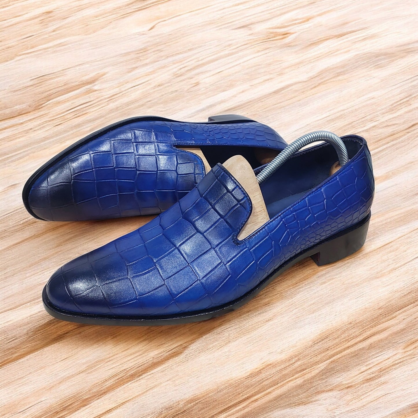 Handmade Leather Blue Crocodile Style Loafer