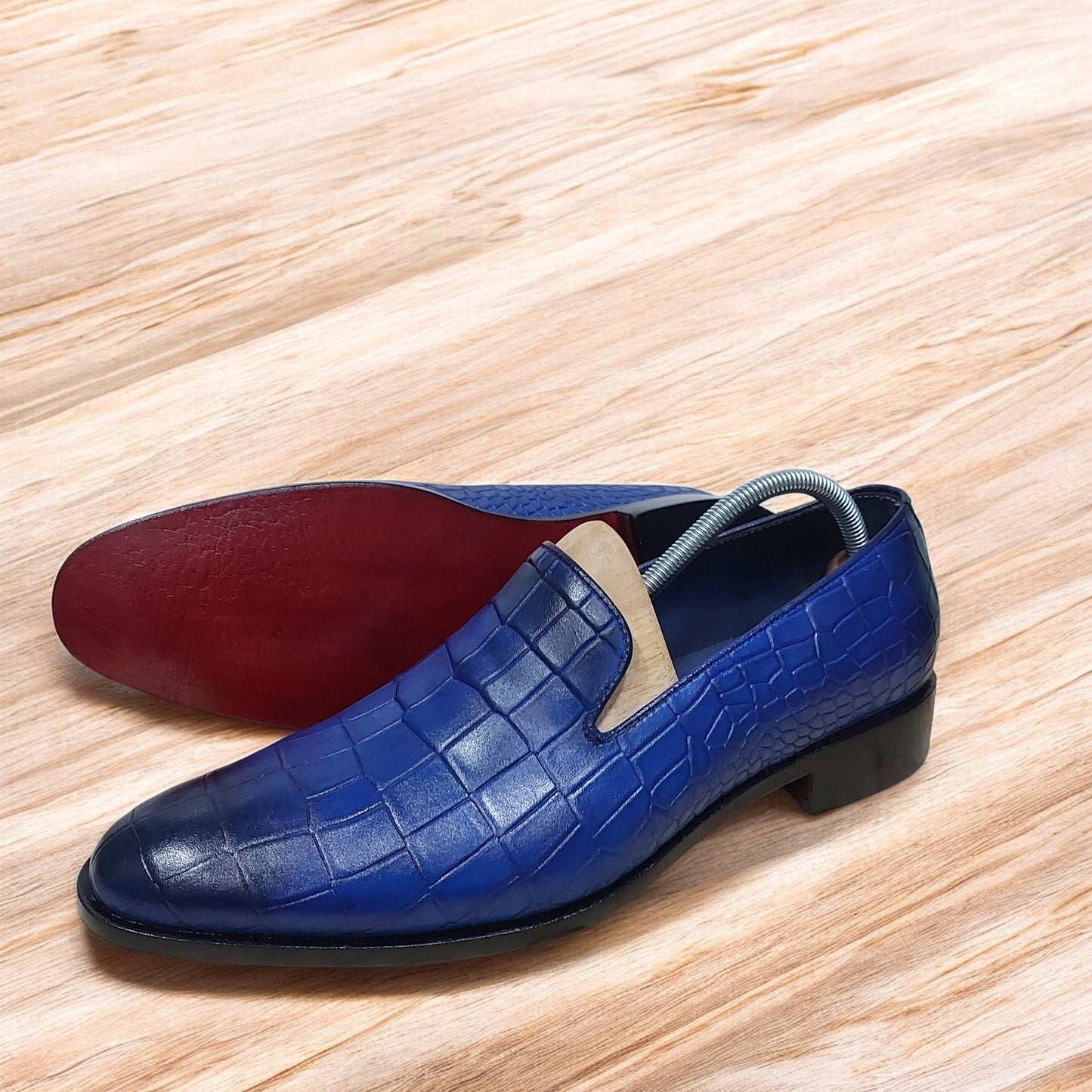 Handmade Leather Blue Crocodile Style Loafer