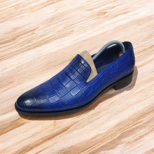 Handmade Leather Blue Crocodile Style Loafer