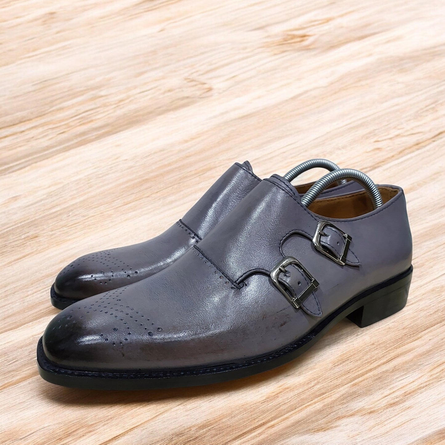 Handmade Grey Double Monk Shoes