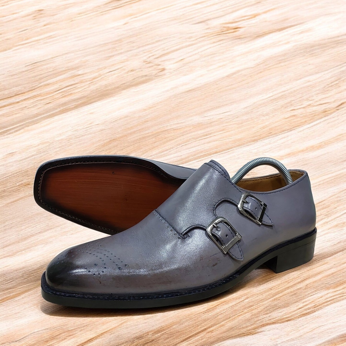 Handmade Grey Double Monk Shoes