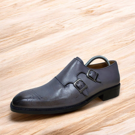 Handmade Grey Double Monk Shoes