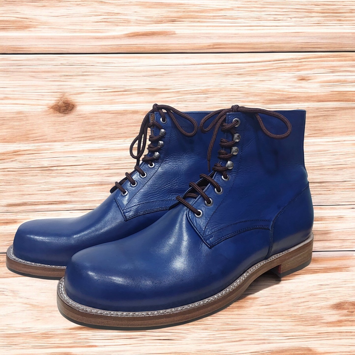 New Men's Handmade Formal Shoes Blue Leather Lace Up Stylish Ankle High Formal Boots