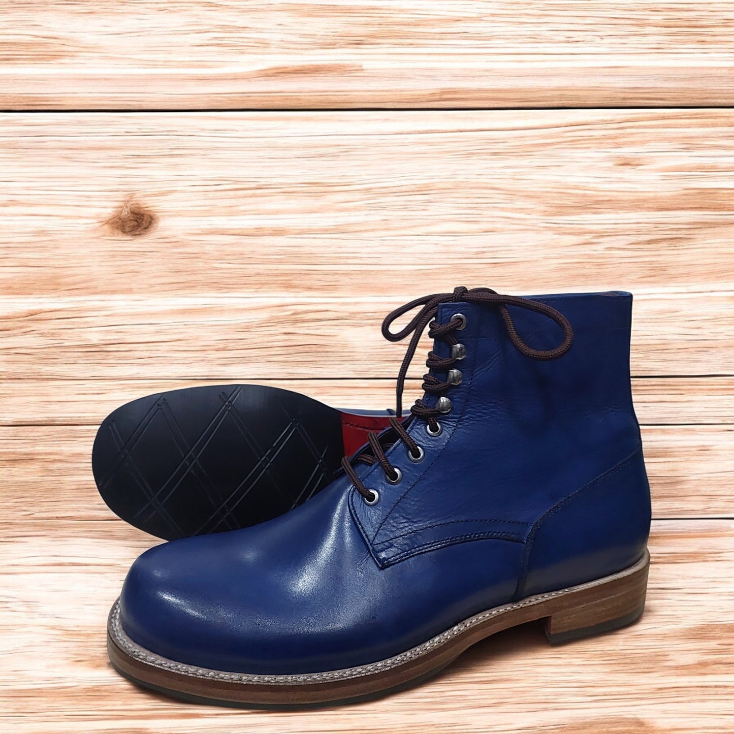 New Men's Handmade Formal Shoes Blue Leather Lace Up Stylish Ankle High Formal Boots